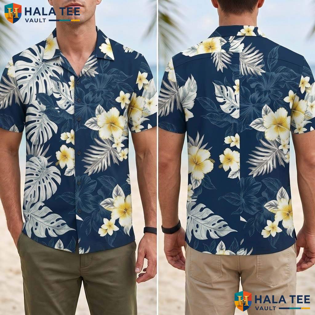 Navy White Floral Tropical Shirt Mens Tropical Casual Summer Beachwear
