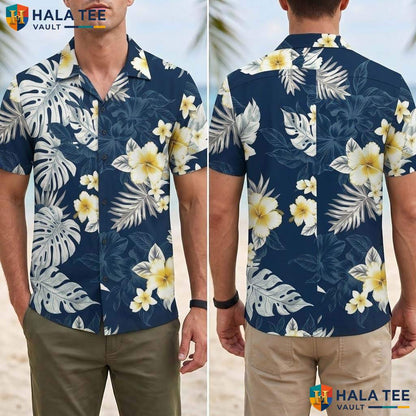 Navy White Floral Tropical Shirt Mens Tropical Casual Summer Beachwear