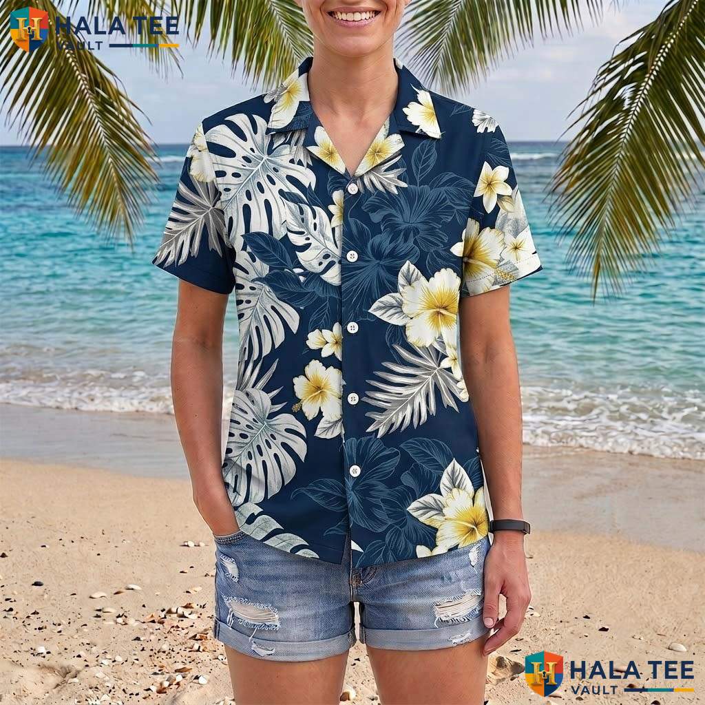 Navy White Floral Aloha Shirt Mens Tropical Casual Summer Beachwear