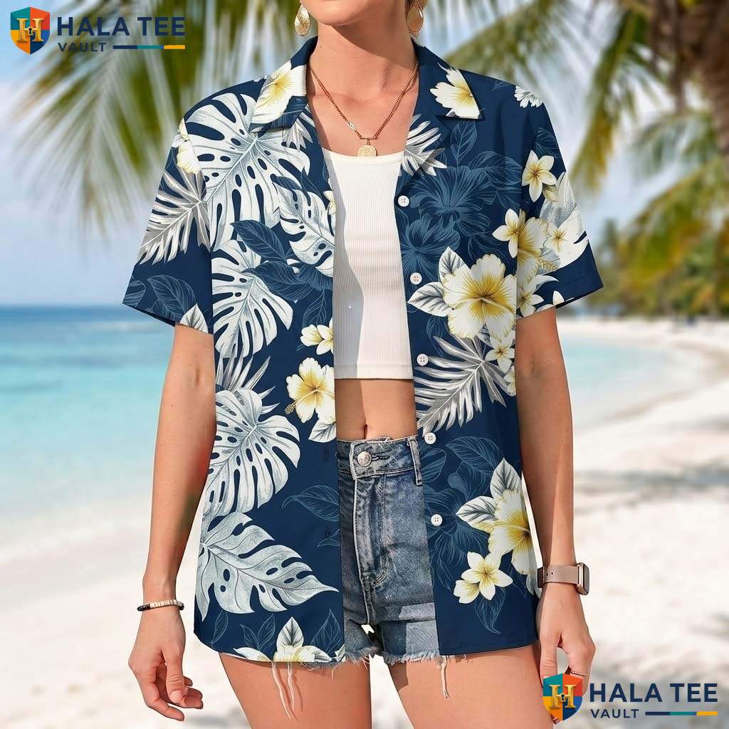 Navy White Floral Short-sleeve button-up shirt Mens Tropical Casual Summer Beachwear