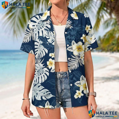 Navy White Floral Short-sleeve button-up shirt Mens Tropical Casual Summer Beachwear