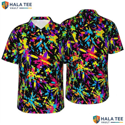 Neon Abstract Aloha Shirt Vibrant 80s Colorful Button Down Top For Men