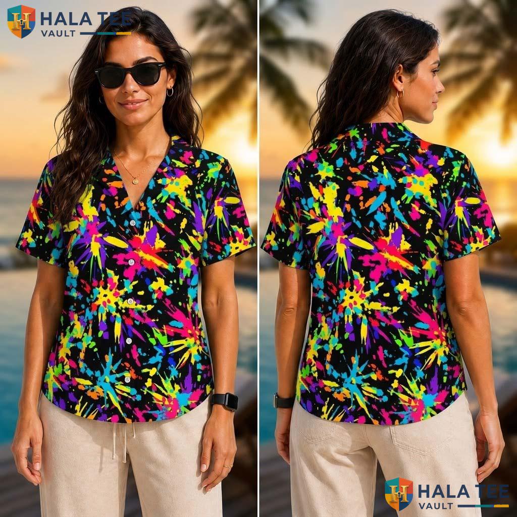 Neon Abstract Tropical Shirt Vibrant 80s Colorful Button Down Top For Men