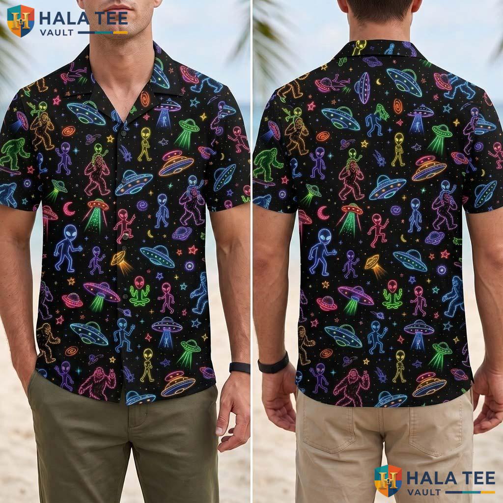 Neon Alien Halloween Hawaiian Shirt Colorful Space Galaxy Aloha Top Adult