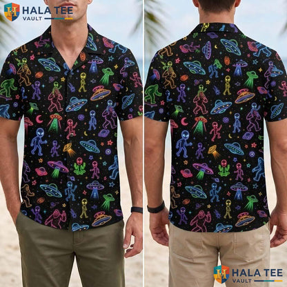 Neon Alien Halloween Hawaiian Shirt Colorful Space Galaxy Aloha Top Adult