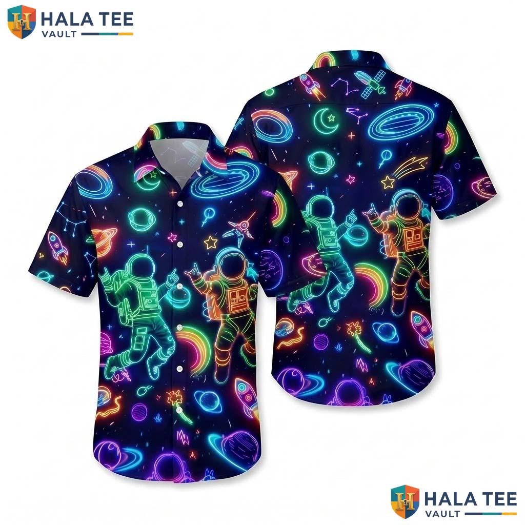 Neon Astronaut Aloha Shirt Vibrant Space Graphic Short Sleeve Button Down