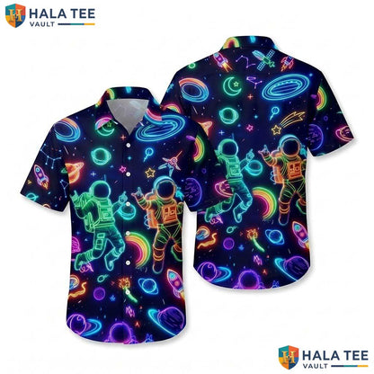 Neon Astronaut Aloha Shirt Vibrant Space Graphic Short Sleeve Button Down