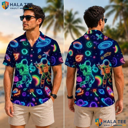 Neon Astronaut Tropical Shirt Vibrant Space Graphic Short Sleeve Button Down