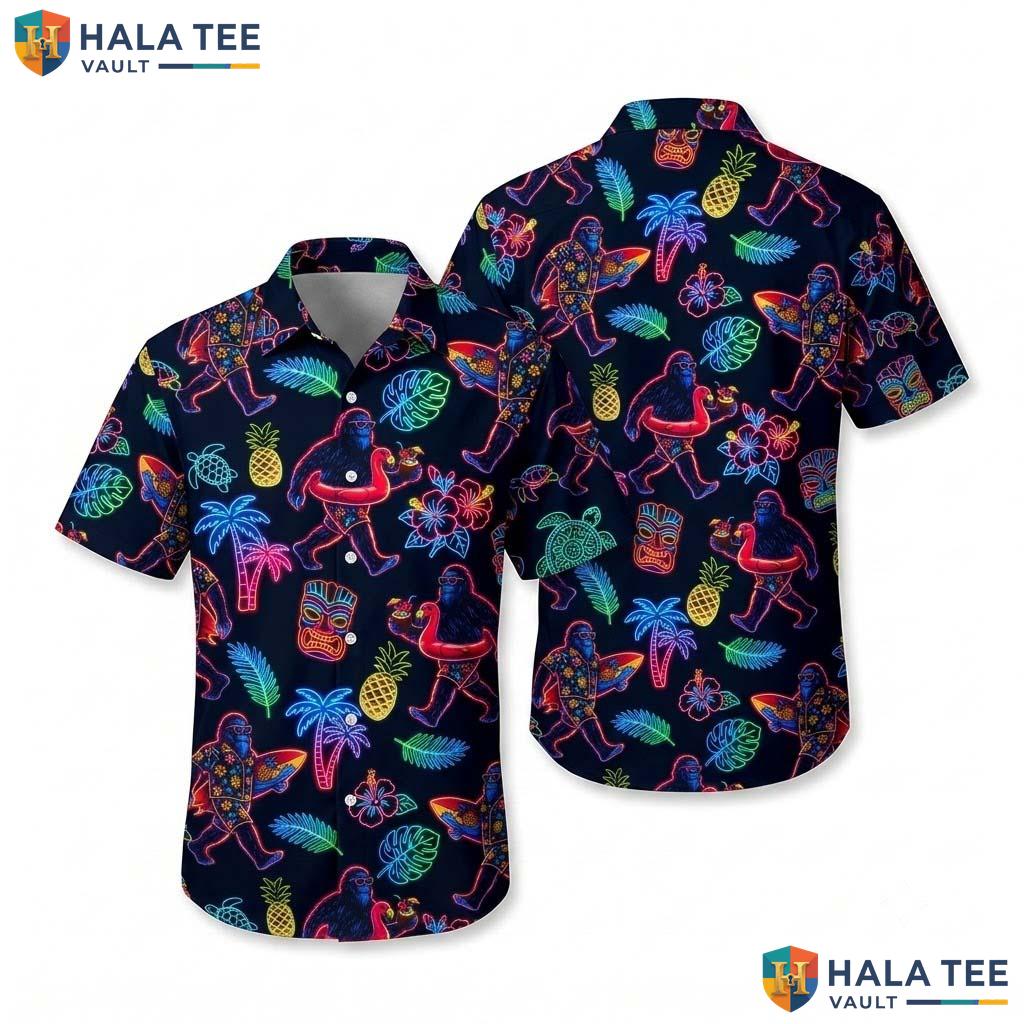 Neon Bigfoot Mens Hawaiian Shirt Short Sleeve Casual Beach Vacation Top