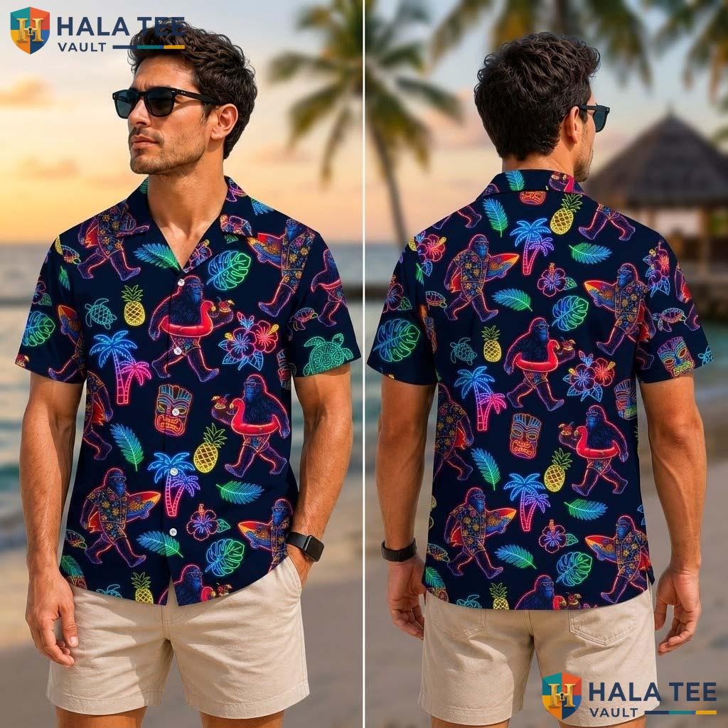 Neon Bigfoot Mens Tropical Shirt Short Sleeve Casual Beach Vacation Top