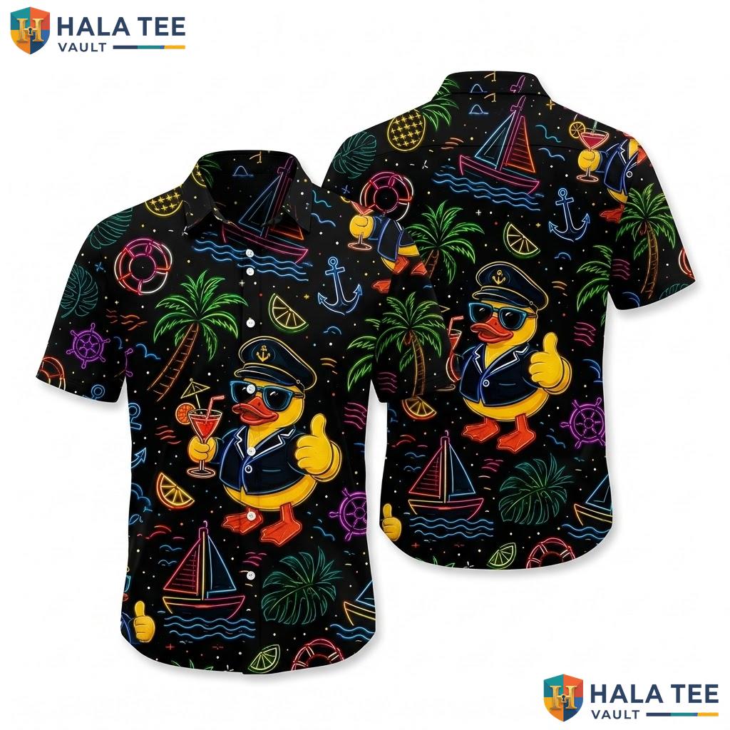 Neon Duck Hawaiian Shirt Vibrant Tropical Captain Duck Palm Tree Button Down