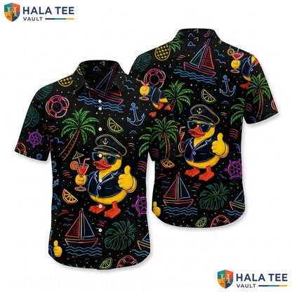 Neon Duck Hawaiian Shirt Vibrant Tropical Captain Duck Palm Tree Button Down