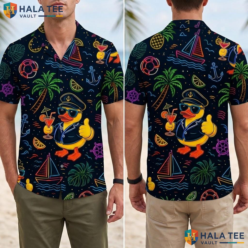 Neon Duck Hawaiian Shirt Vibrant Tropical Captain Duck Palm Tree Button Down Adult