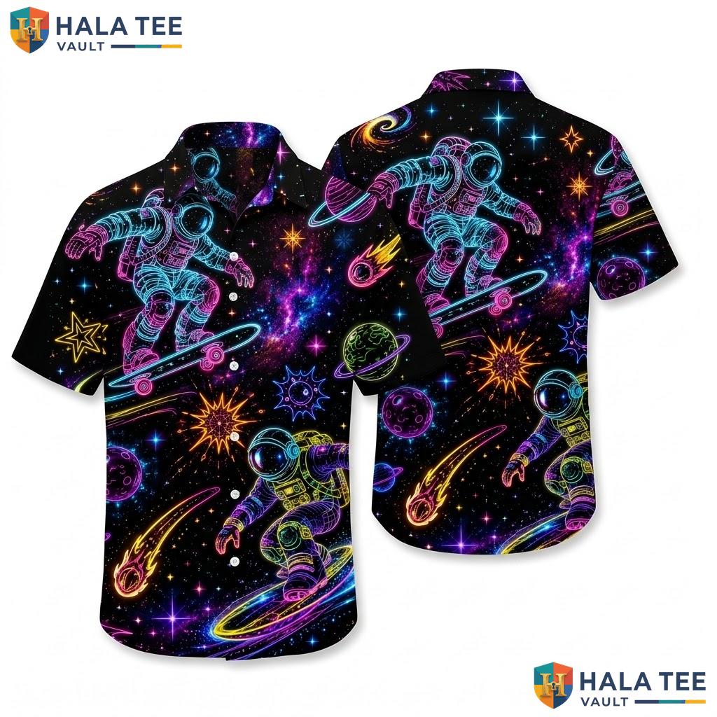 Neon Galaxy Astronaut Hawaiian Shirt Vibrant Graphic Skateboarding Summer