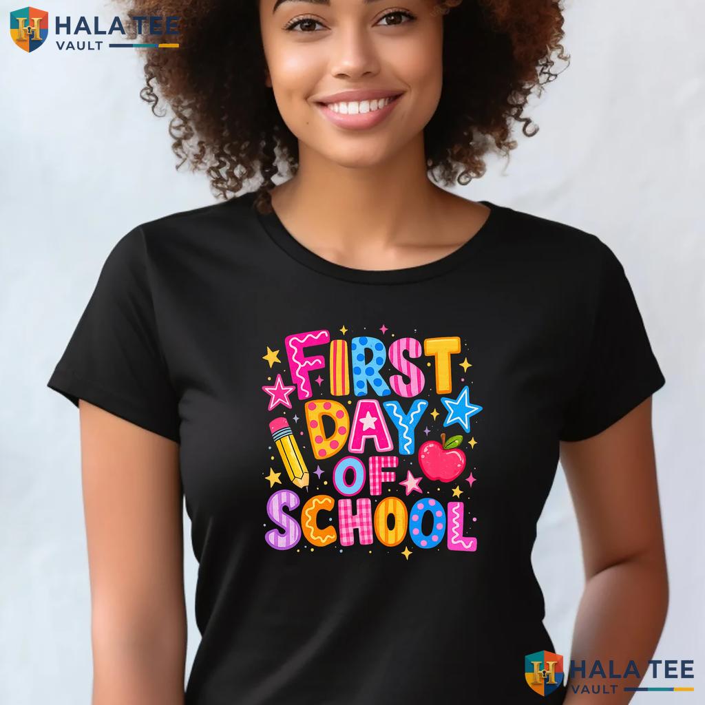 Neon Happy First Day School Shirt Preppy PreK To 4th Grade Teacher Gear Adult