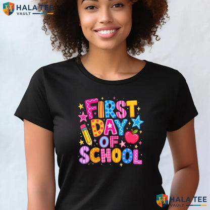 Neon Happy First Day School Shirt Preppy PreK To 4th Grade Teacher Gear Adult