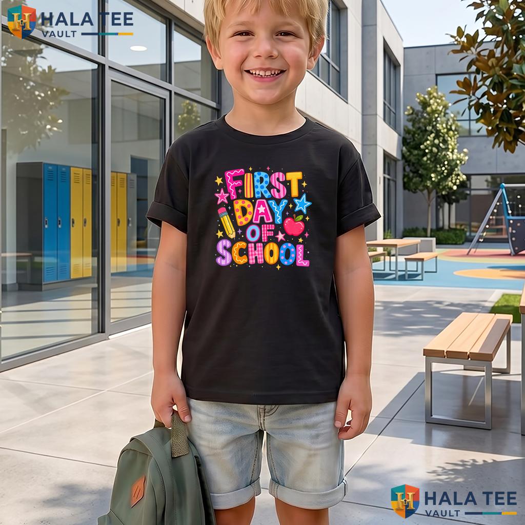 Neon Happy First Day School Shirt Preppy PreK To 4th Grade Teacher Gear Adult