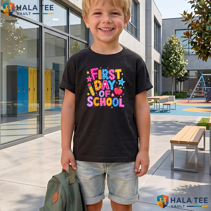 Neon Happy First Day School Shirt Preppy PreK To 4th Grade Teacher Gear Adult