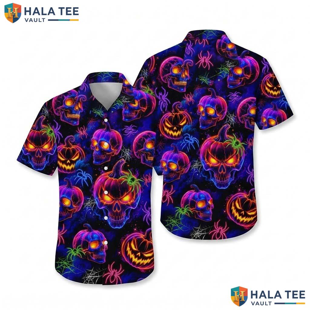 Neon Jack O Lantern Halloween Aloha Shirt Spooky Skull Party Top