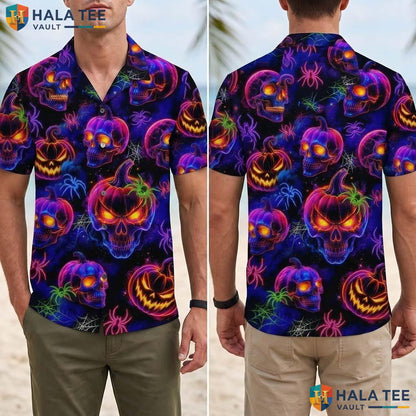Neon Jack O Lantern Halloween Aloha Shirt Spooky Skull Party Top Adult