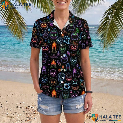 Neon Light Pumpkin Halloween Hawaiian Shirt Spooky Fall Leaves Aloha Adult