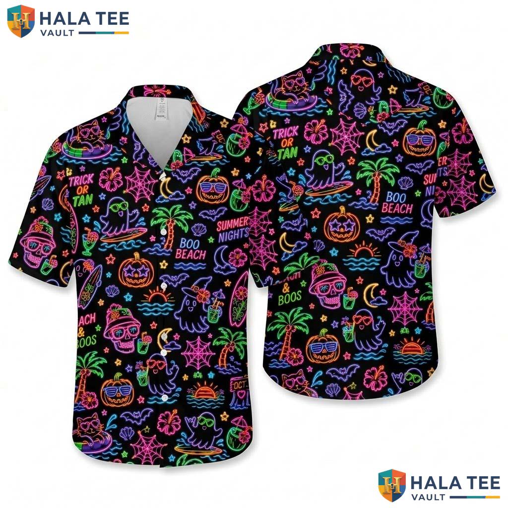 Neon Maple Leaf Halloween Hawaiian Shirt Spooky Fall Pumpkin Aloha