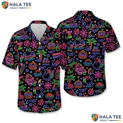 Neon Maple Leaf Halloween Hawaiian Shirt Spooky Fall Pumpkin Aloha