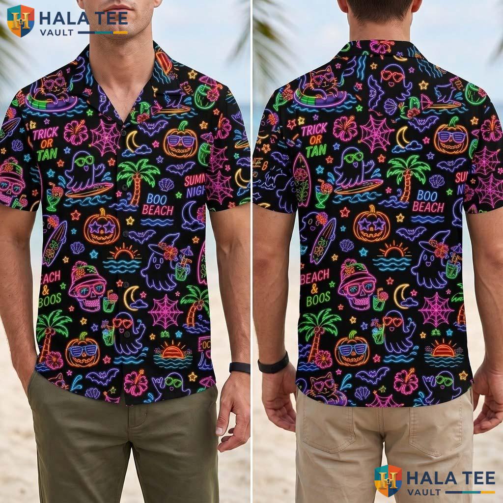 Neon Maple Leaf Halloween Hawaiian Shirt Spooky Fall Pumpkin Aloha Adult