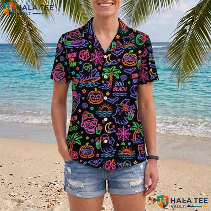 Neon Maple Leaf Halloween Hawaiian Shirt Spooky Fall Pumpkin Aloha Adult