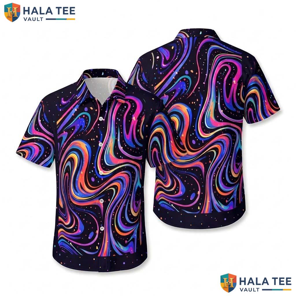 Neon Psychedelic Aloha Shirt Vibrant Swirling Graphic Short Sleeve Button Up