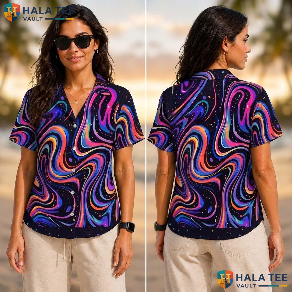Neon Psychedelic Tropical Shirt Vibrant Swirling Graphic Short Sleeve Button Up