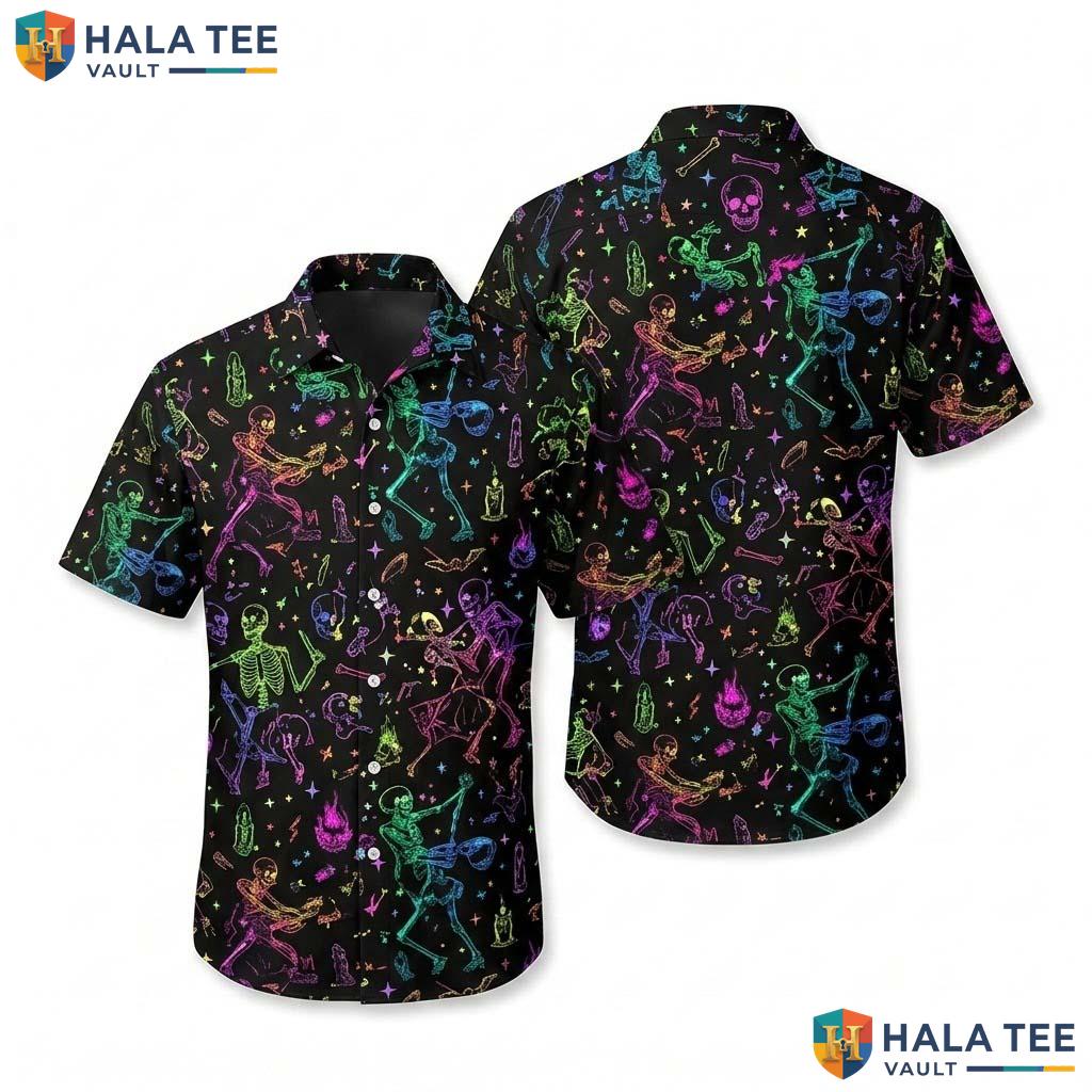 Neon Rainbow Halloween Hawaiian Shirt Dancing Skeleton Retro Aloha