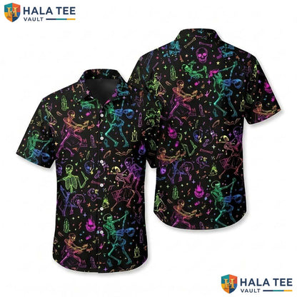 Neon Rainbow Halloween Hawaiian Shirt Dancing Skeleton Retro Aloha