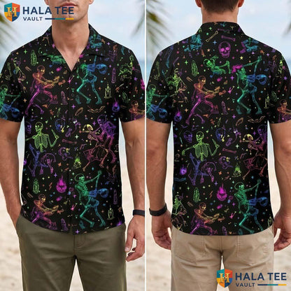 Neon Rainbow Halloween Hawaiian Shirt Dancing Skeleton Retro Aloha Adult