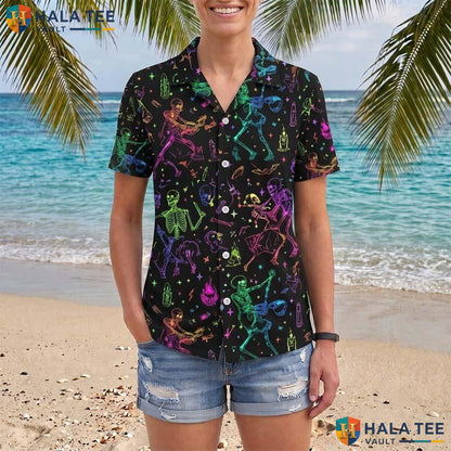 Neon Rainbow Halloween Hawaiian Shirt Dancing Skeleton Retro Aloha Adult