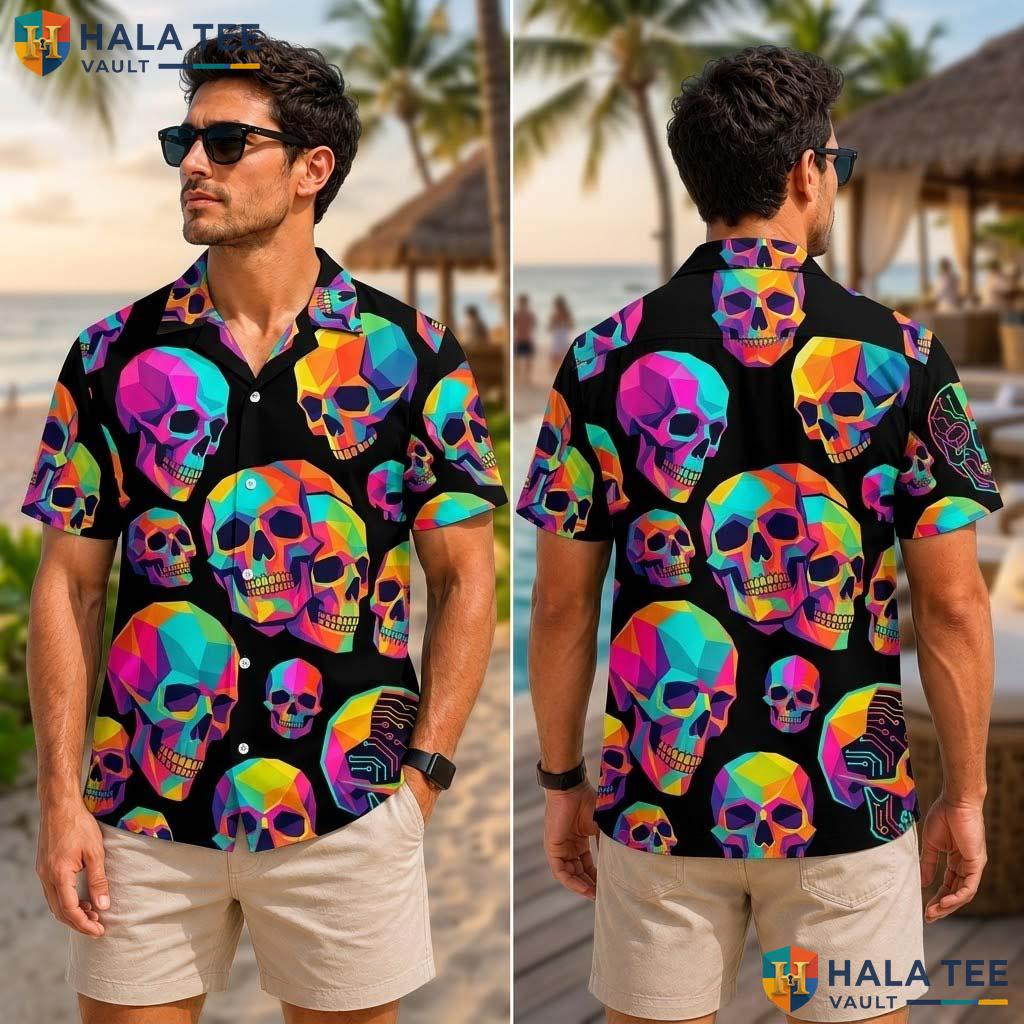 Neon Skeleton Farm Life Tropical Shirt Mens Aloha Button Down Vacation
