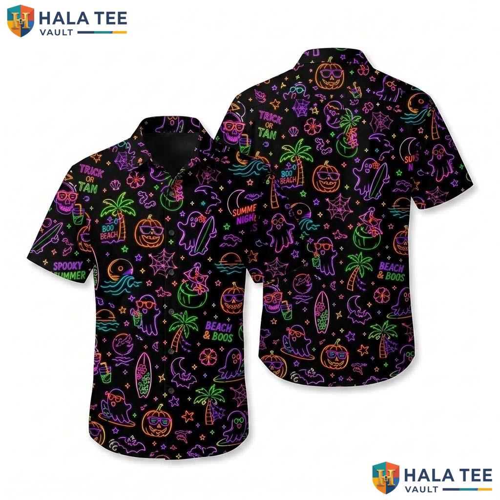 Neon Summerween Halloween Hawaiian Shirt Spooky Ghost Surf Aloha Top