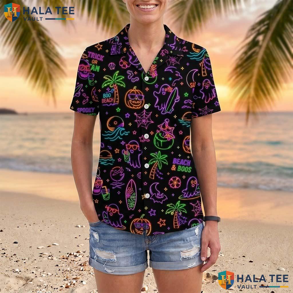 Neon Summerween Halloween Hawaiian Shirt Spooky Ghost Surf Aloha Top Adult