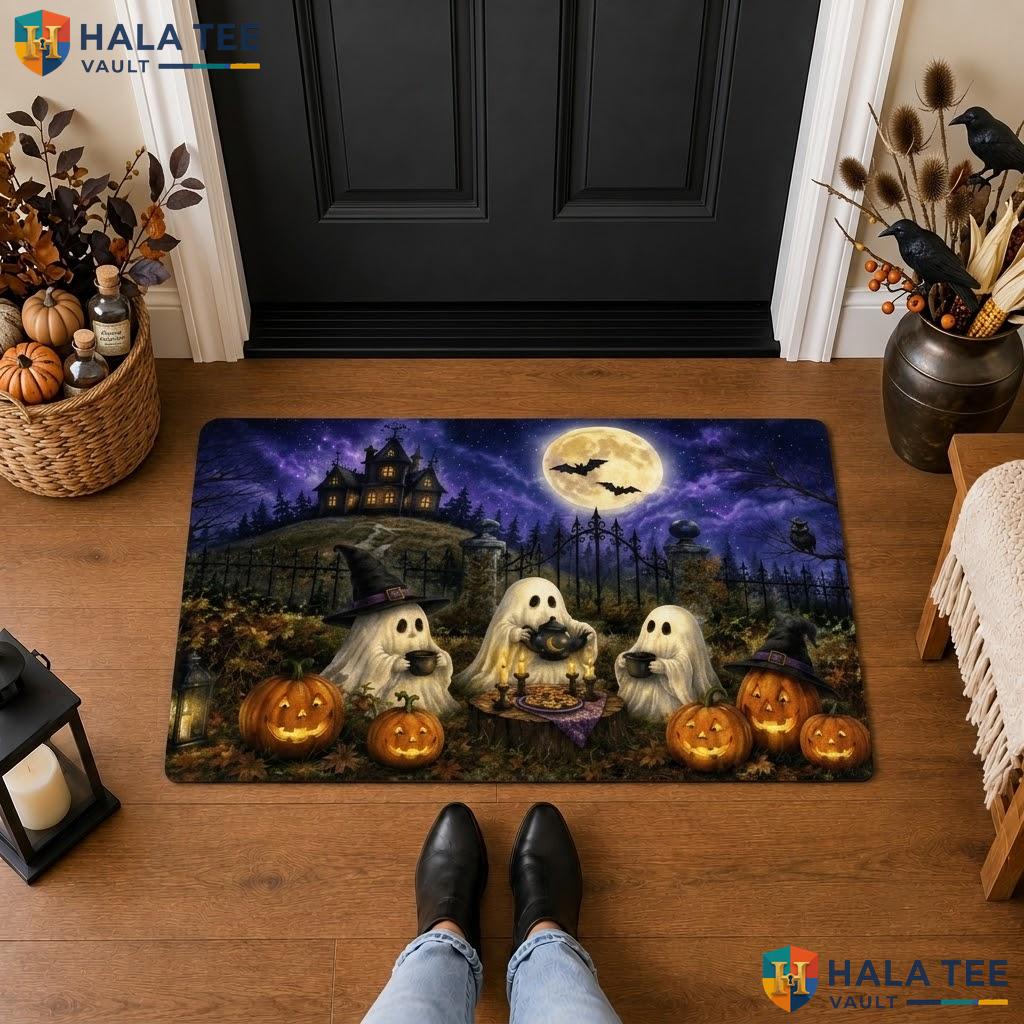 Night Ghost Pumpkin Halloween Front door mat Haunted Castle Full Moon Entry Rug