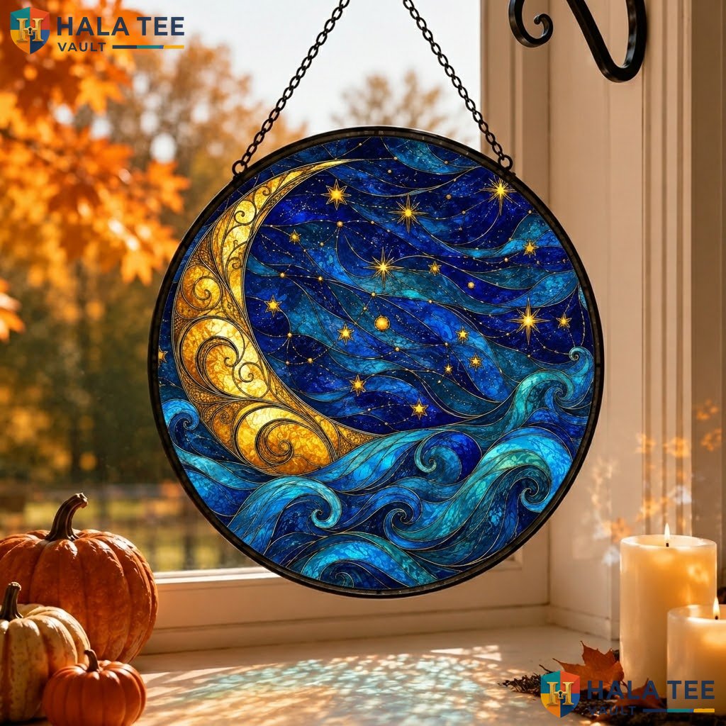 Night Sky Halloween Stained Glass Suncatcher Gothic Celestial Window Ornament