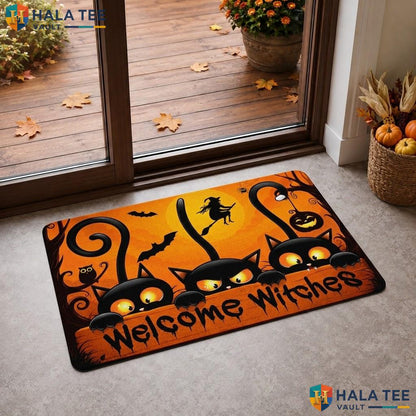 Non Slip Orange Halloween Doormat Welcome Witches Bats Cats Indoor Floor Rug