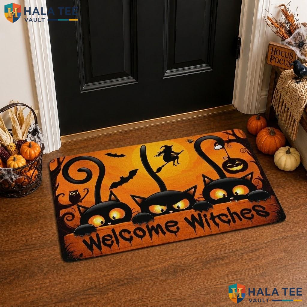 Non Slip Orange Halloween Front door mat Welcome Witches Bats Cats Indoor Floor Rug