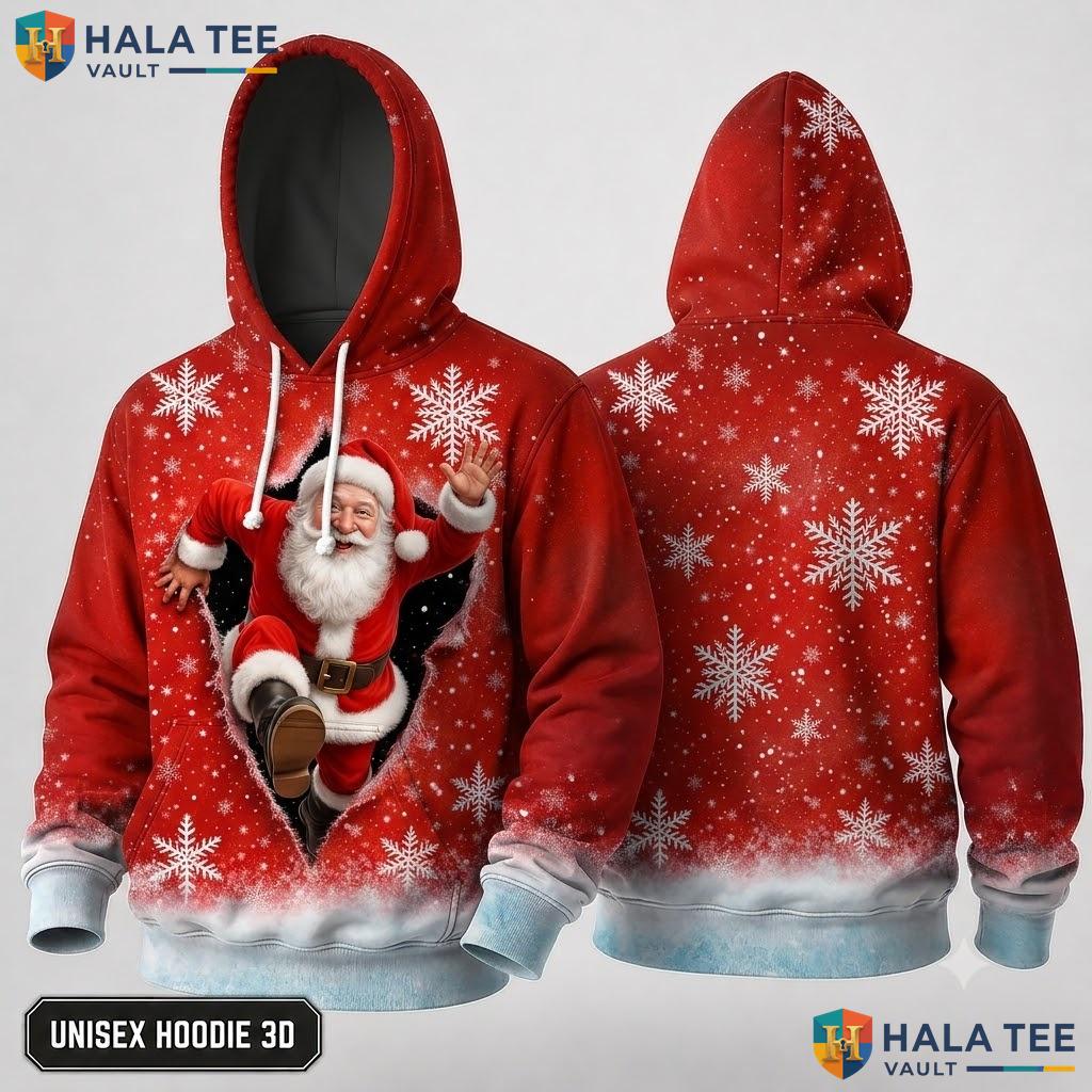 Novelty Long Sleeve Santa Christmas 3D Hoodie Cute Festive Red Top