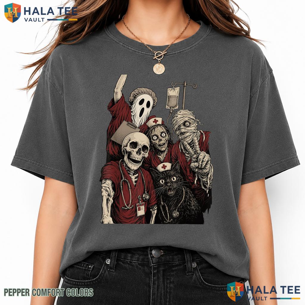 Nurse Squad Skeleton Crew Garment-Dyed T-Shirt Spooky RN Scrubs Top