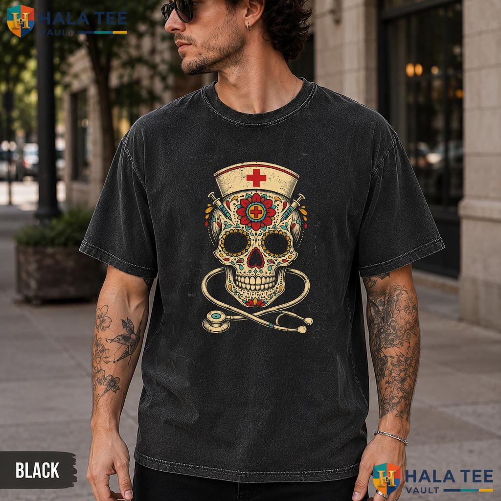 Nurse Sugar Skull Washed T-Shirt Funny Stethoscope Halloween Costume Top