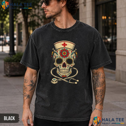 Nurse Sugar Skull Washed T-Shirt Funny Stethoscope Halloween Costume Top