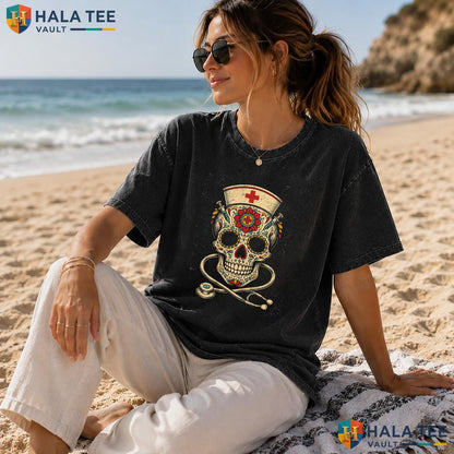 Nurse Sugar Skull Heavyweight Washed Shirt Funny Stethoscope Halloween Costume Top