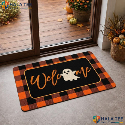 Orange Black Halloween Doormat Set Ghost Welcome Buffalo Plaid Porch Fall Rug