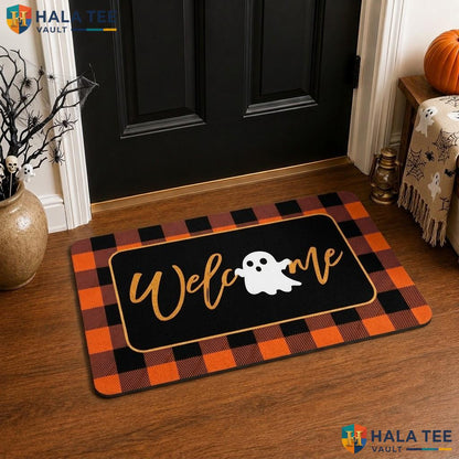 Orange Black Halloween Front door mat Set Ghost Welcome Buffalo Plaid Porch Fall Rug