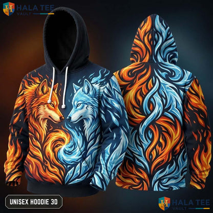 Orange Blue Graphic Wolf 3D Hoodie Vintage Vibrant Pullover Sweatshirt